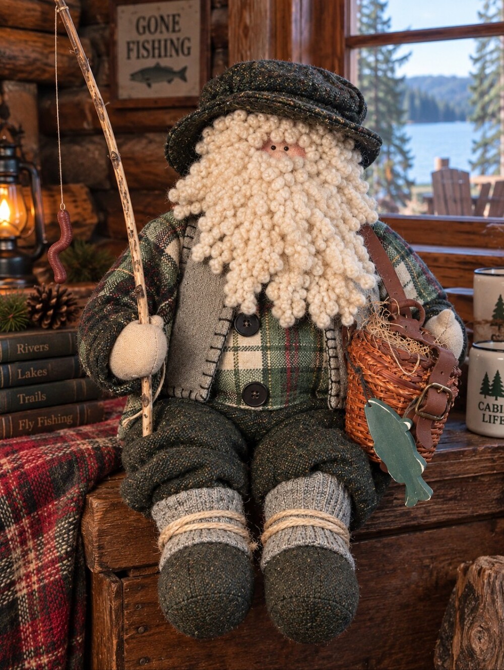 Handmade Primitive Folk Art Fisherman Doll 20" Wool Beard Creel Fishing Pole